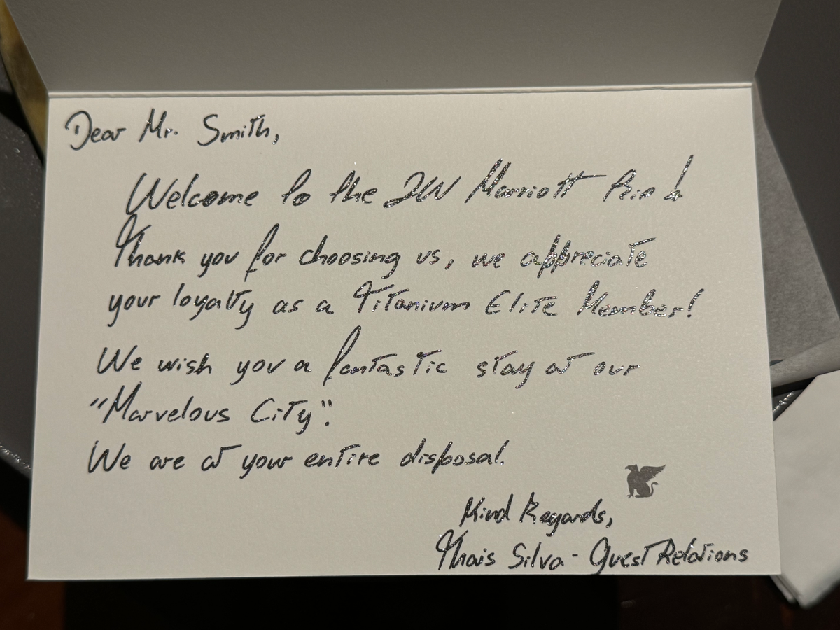 JW Marriott Hotel Rio de Janeiro living room table welcome note