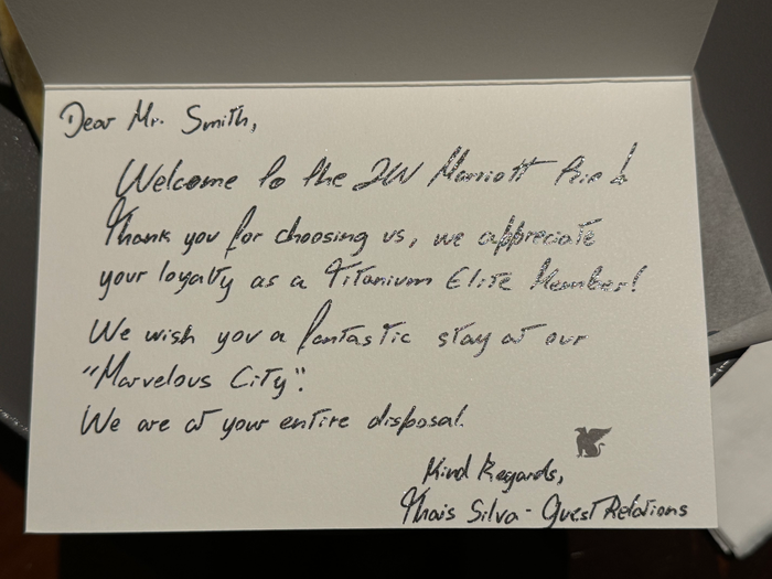 JW Marriott Hotel Rio de Janeiro living room table welcome note JW Marriott Hotel Rio de Janeiro living room table welcome note