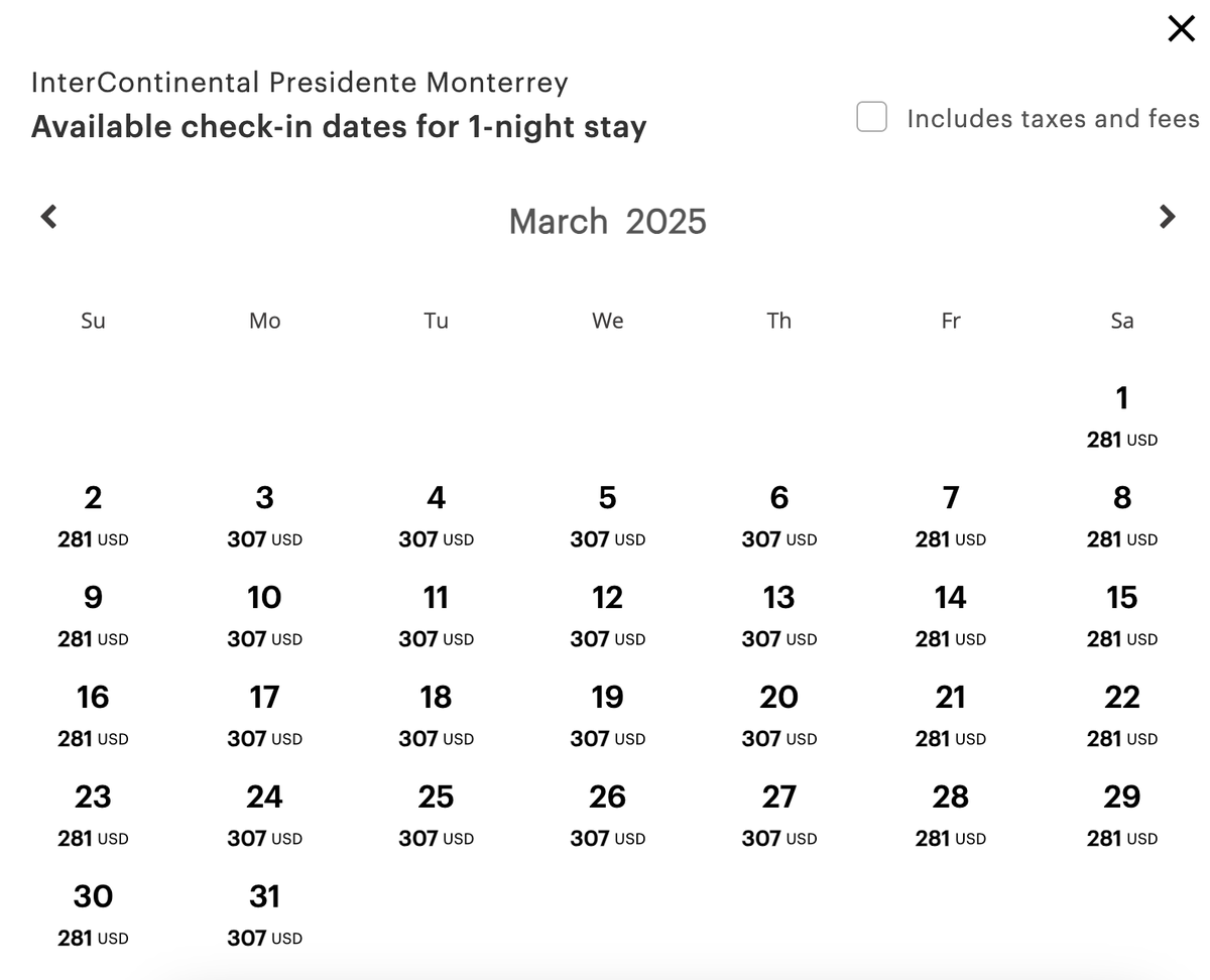 InterContinental Presidente Monterrey Cash Rates