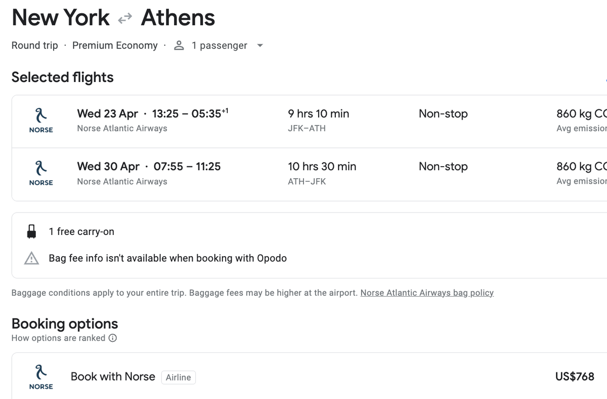 New York to Athens with Norse $30 more fare example