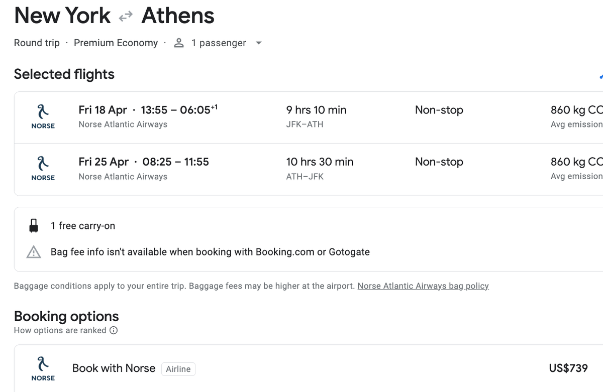 New York to Athens with Norse cash fare