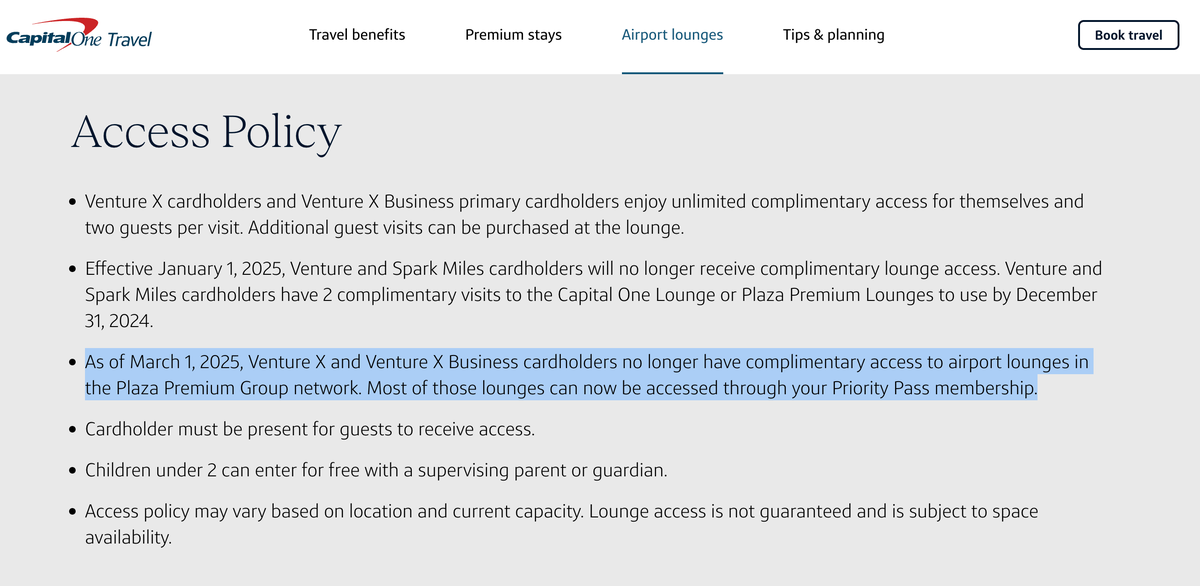 Plaza Premium Access Requirements on Capital Ones website