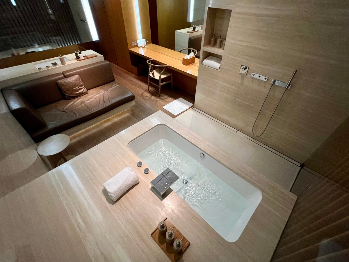 Private bathroom in the Cathay Pacific The Wing First Class Lounge in Hong Kong