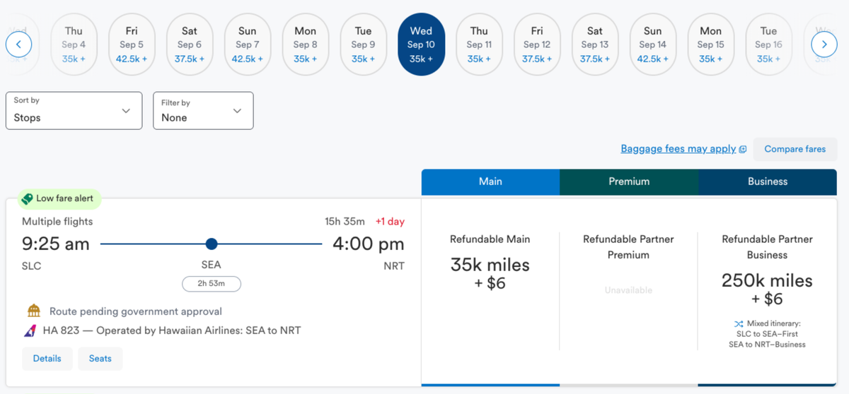 Salt Lake City to Tokyo Award Ticket on Alaska Airlines website