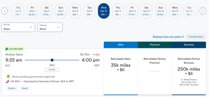Salt Lake City to Tokyo Award Ticket on Alaska Airlines website