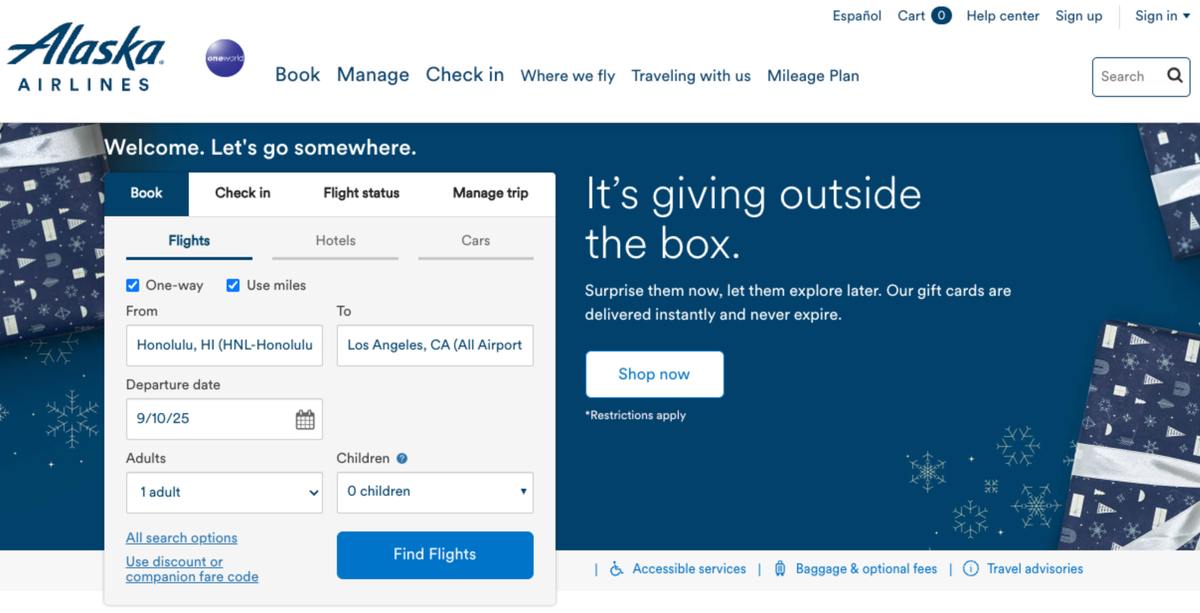 Searching for An Award Flight on Alaska Airlines website