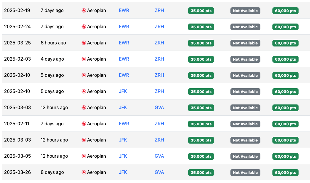 Seats.aero alert Aeroplan awards JFK EWR to ZRH GVA