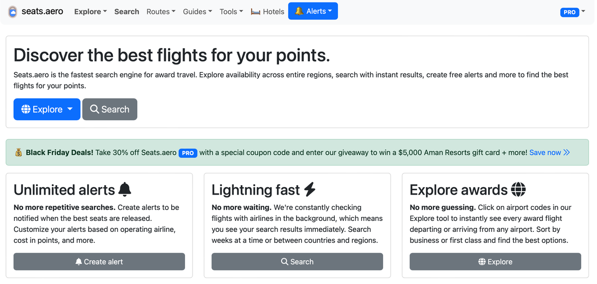 Seats.aero homepage