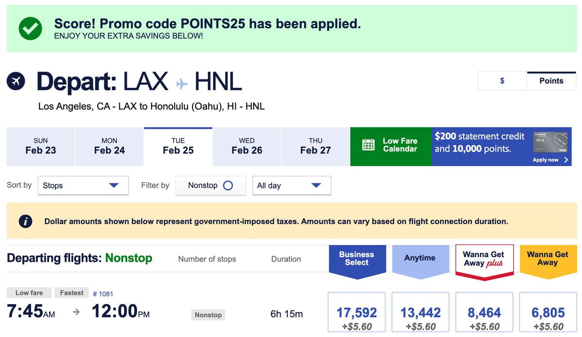 Southwest redemption POINTS25 December 2025