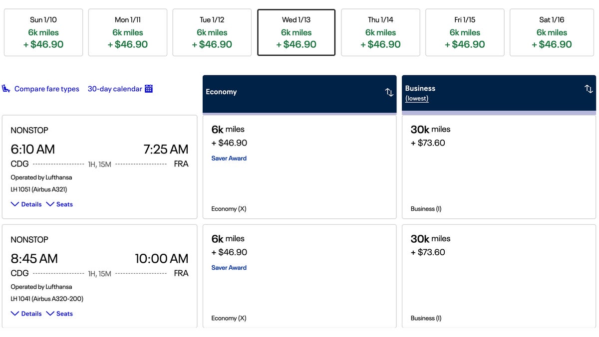 United award flight Paris to Frankfurt on Lufthansa