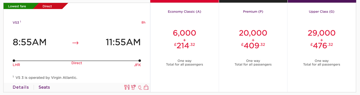 Virgin Atlantic JFK LHR 29k upper class