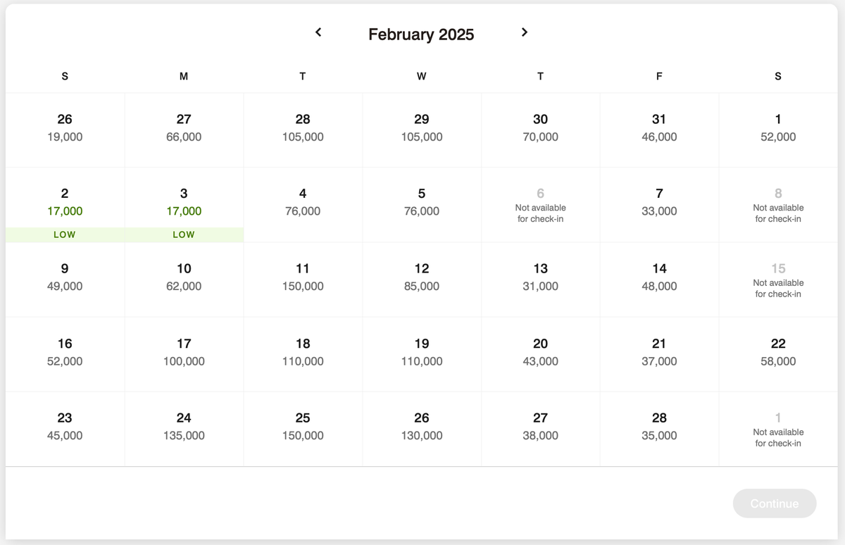 W Las Vegas award pricing calendar in February 2025