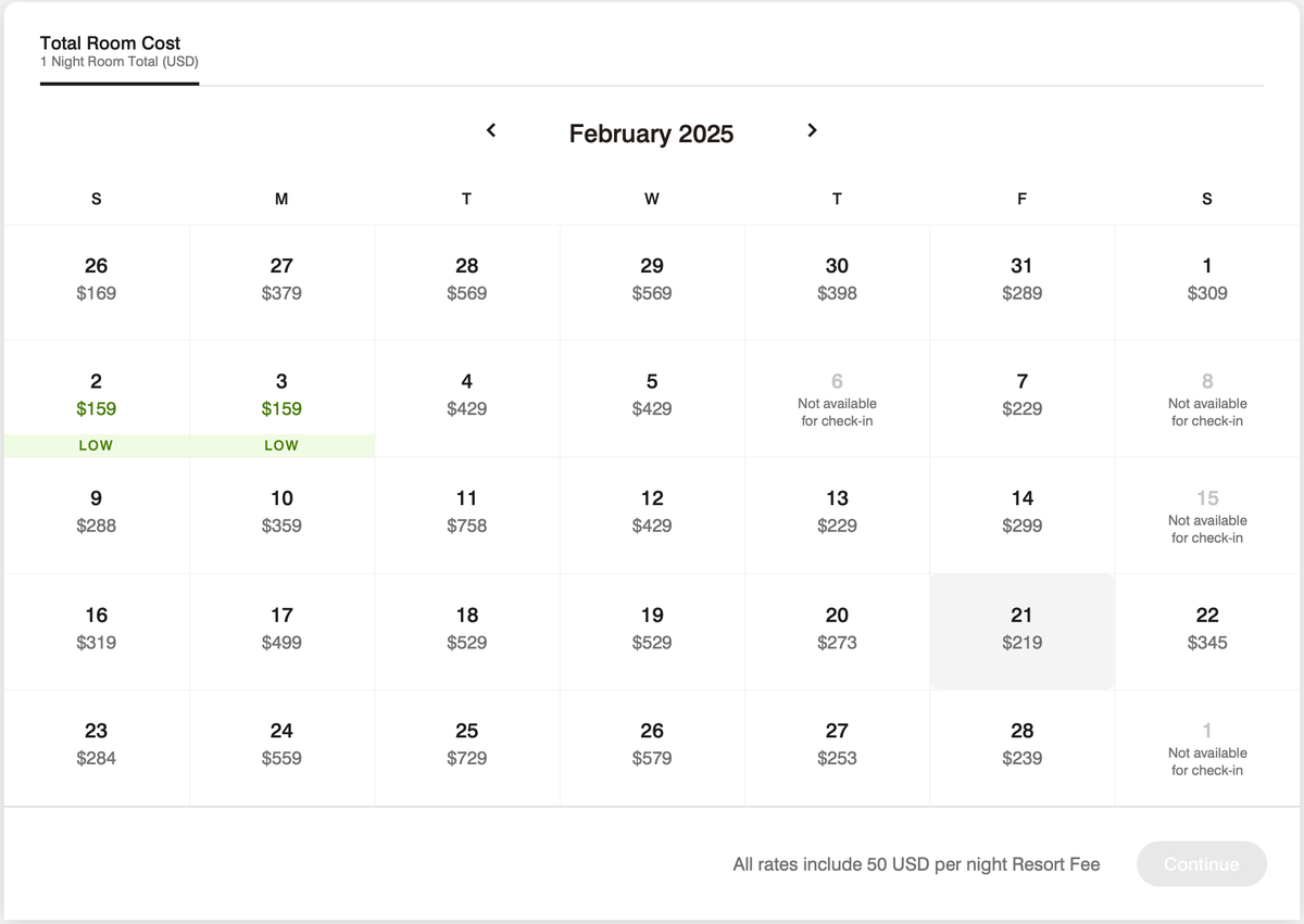 W Las Vegas pricing calendar in February 2025