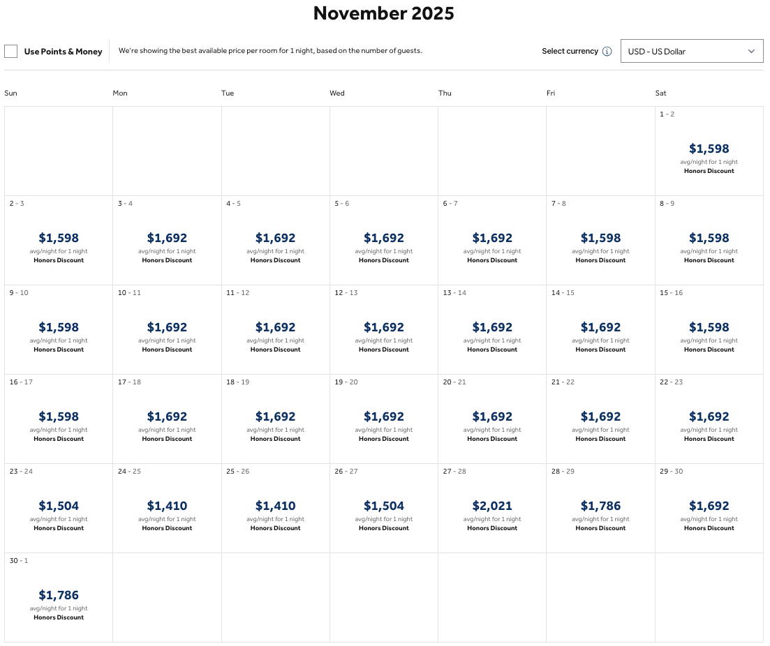 Waldorf Astoria cash rates November 2025