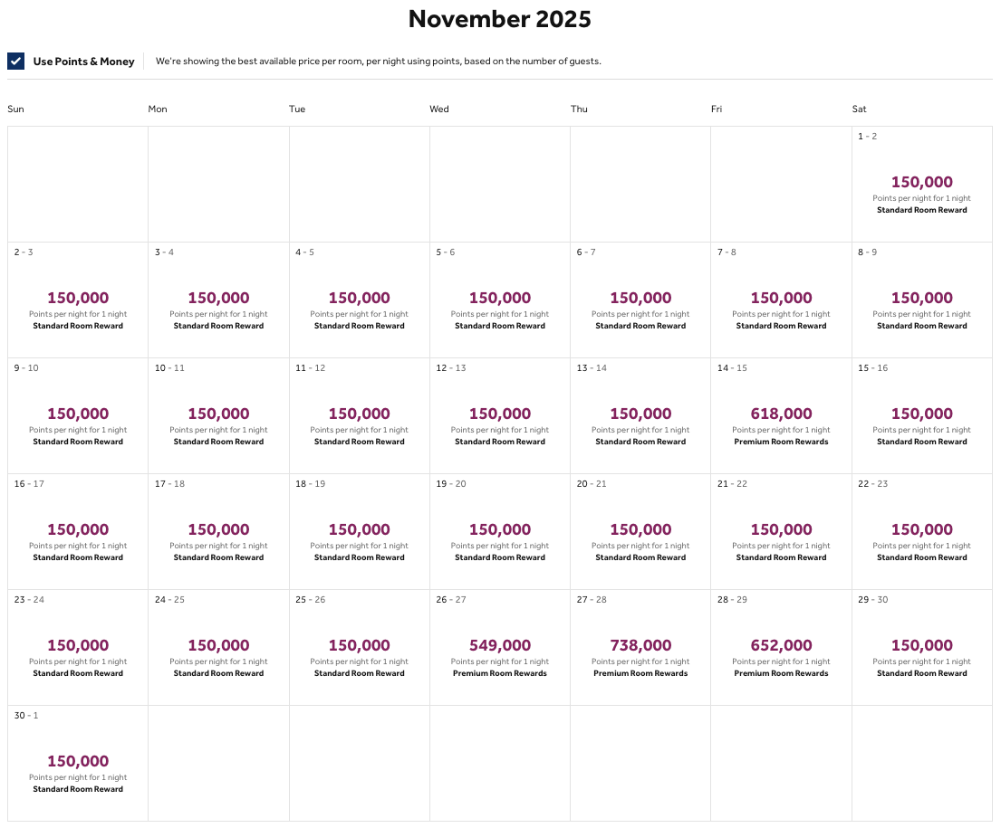 Waldorf Astoria points rates November 2025