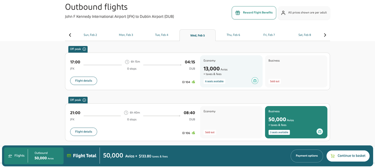 Aer Lingus AerClub redemption JFK DUB February 2025