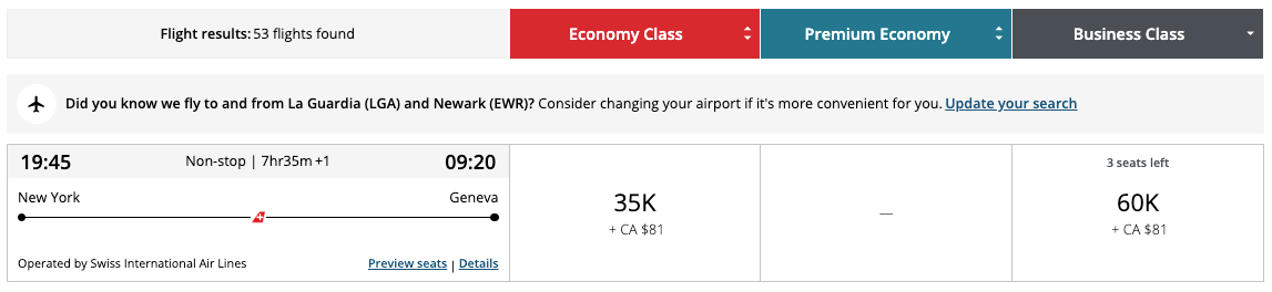 Aeroplan award SWISS JFK GVA