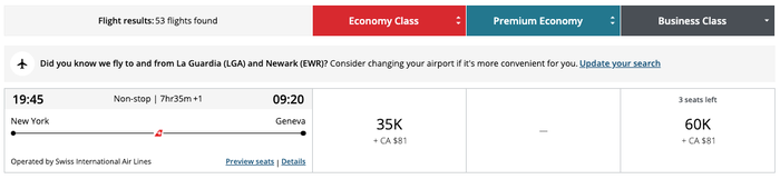 Aeroplan award SWISS JFK GVA Aeroplan award SWISS JFK GVA