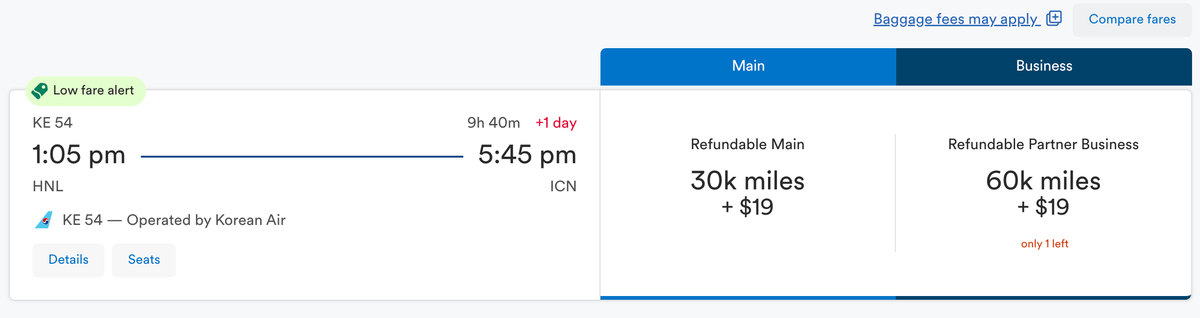 Alaska Air award flight HNL-ICN 60k miles