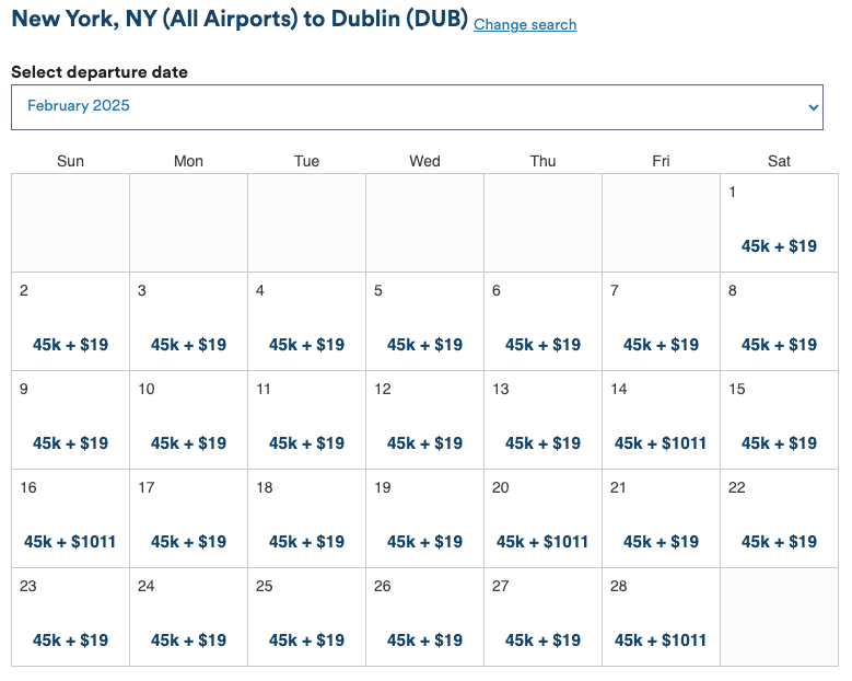 Alaska Mileage Plan award calendar NYC to DUB February 2025