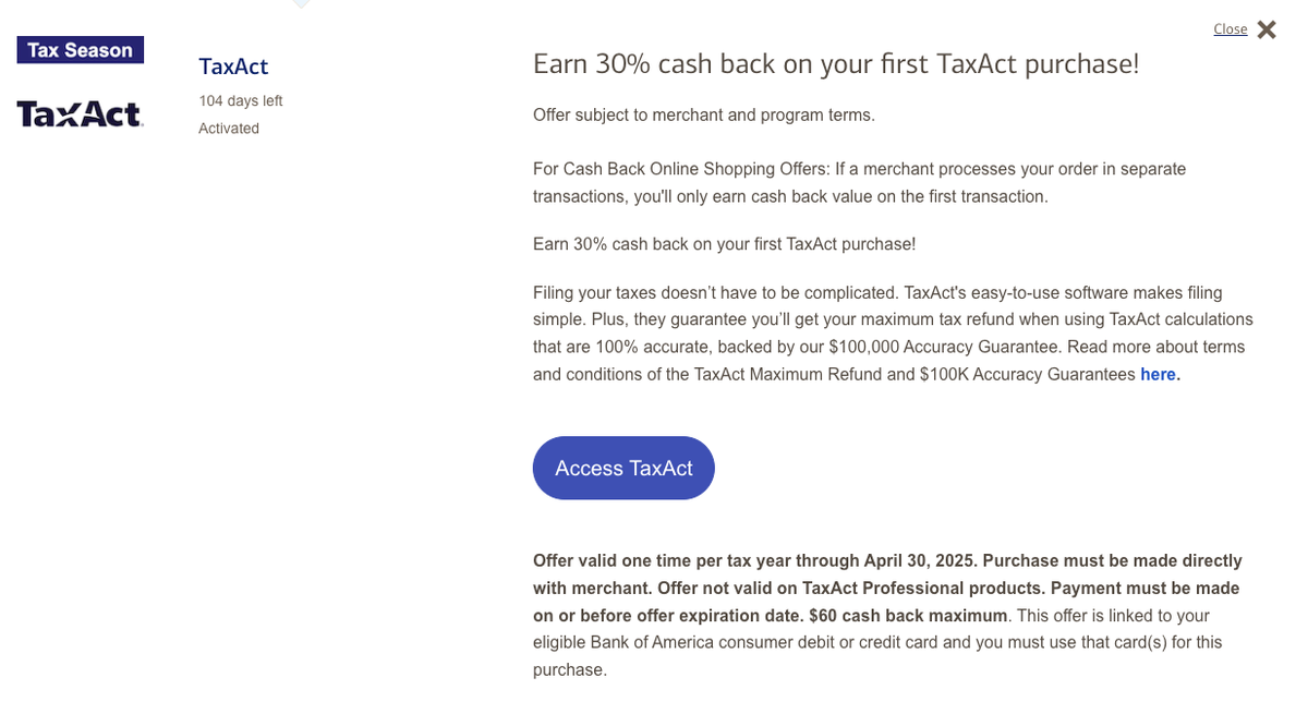 BankAmeriDeal January 2025 TaxAct