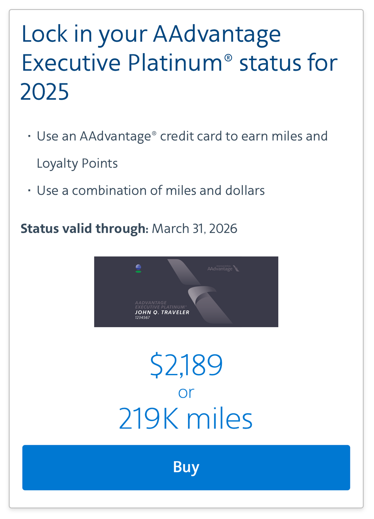 Buy American Airlines AAdvantage status Executive Platinum offer 2025