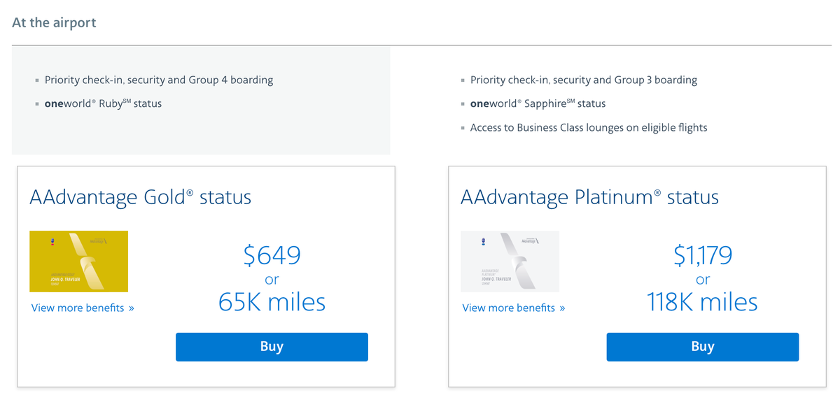 Buy American Airlines AAdvantage status Gold or Platinum expensive offer 2025