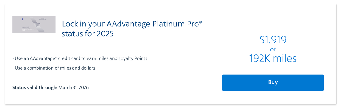 Buy American Airlines AAdvantage status Platinum Pro 2025