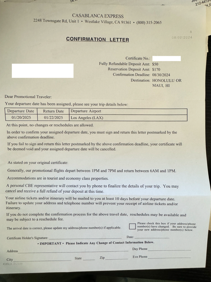 Casablanca Express confirmation letter