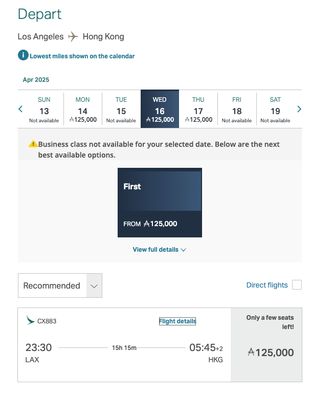 Cathay First Class LAX pricing