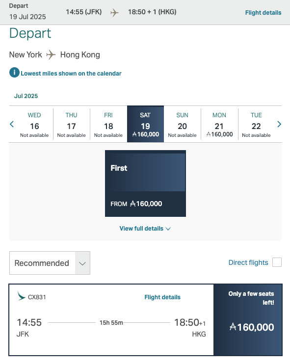 Cathay Pacific first class JFK pricing