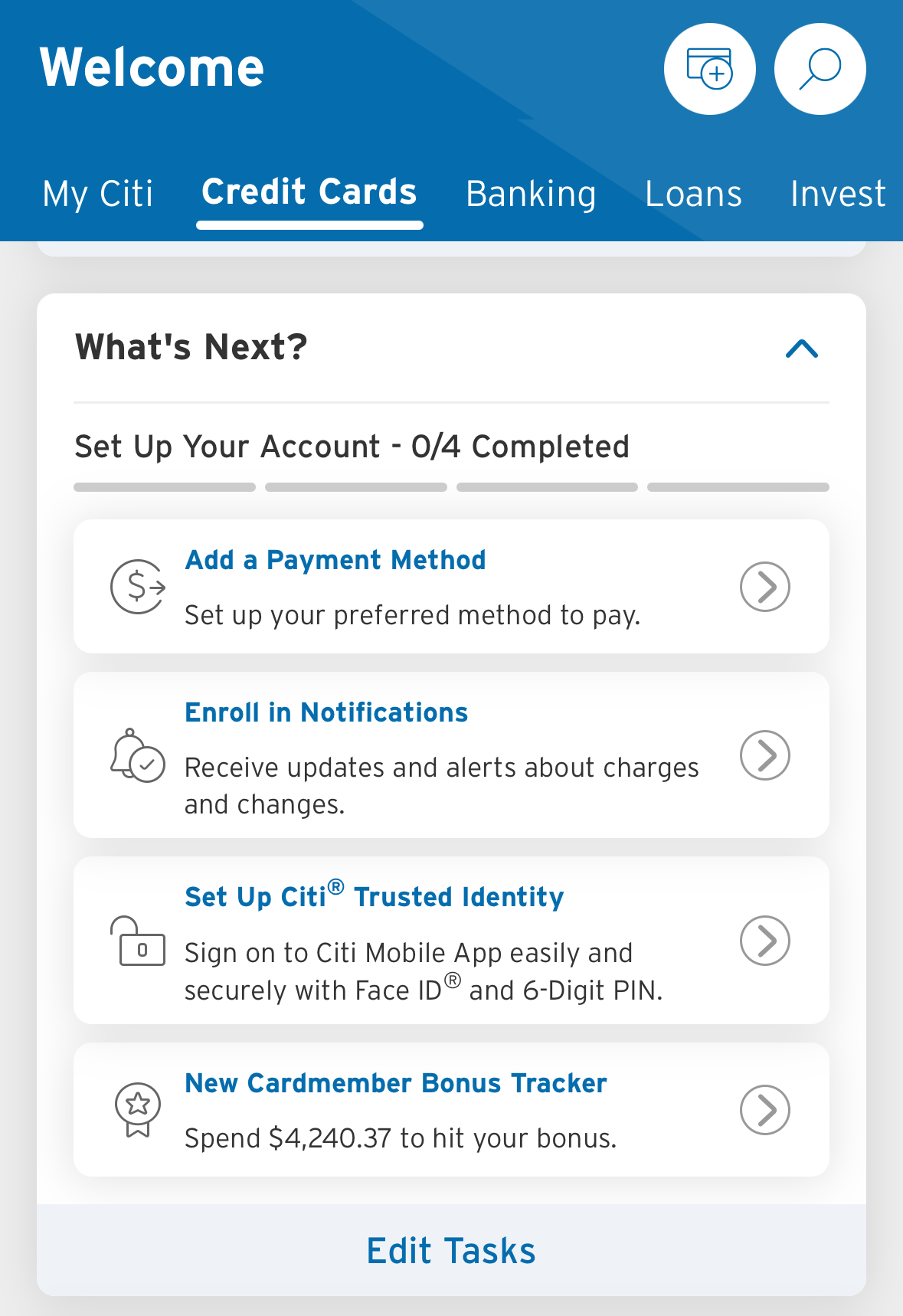 Citi new cardmember bonus tracker in the mobile app