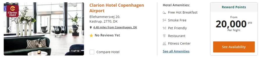 Clarion Hotel Copenhagen Airport old points cost 20k Choice points