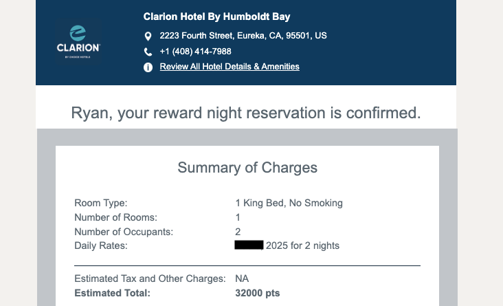 Clarion Hotel by Humboldt Bay old pricing 16k Choice points