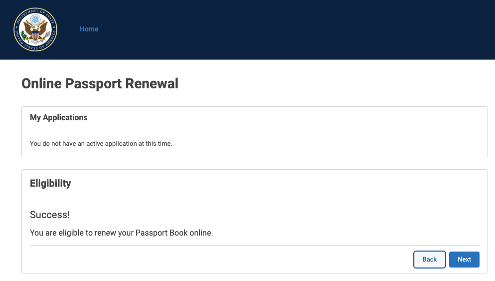 Eligible for online passport renewal message