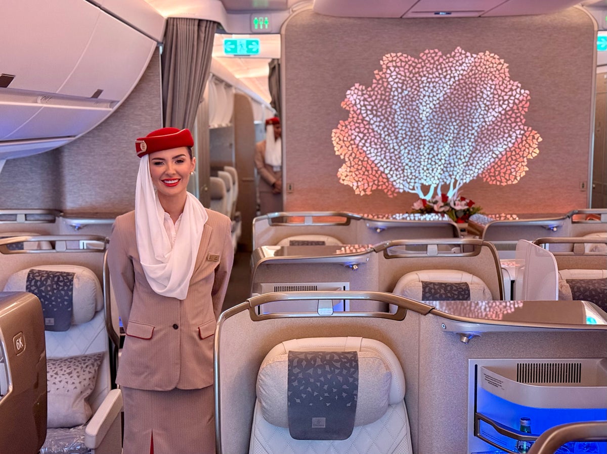 Emirates Airbus A350 business class cabin and crew