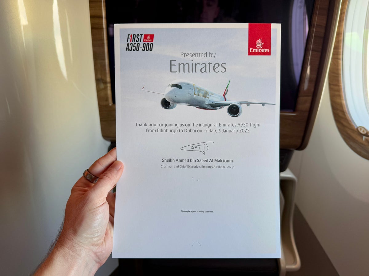 Emirates Airbus A350 business class inaugural certificate