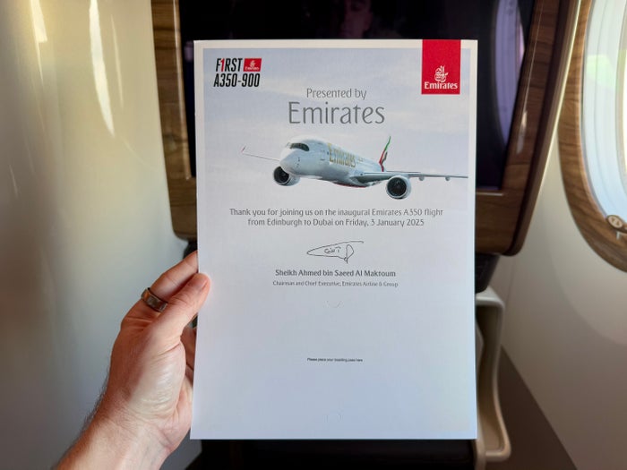 Emirates Airbus A350 business class inaugural certificate