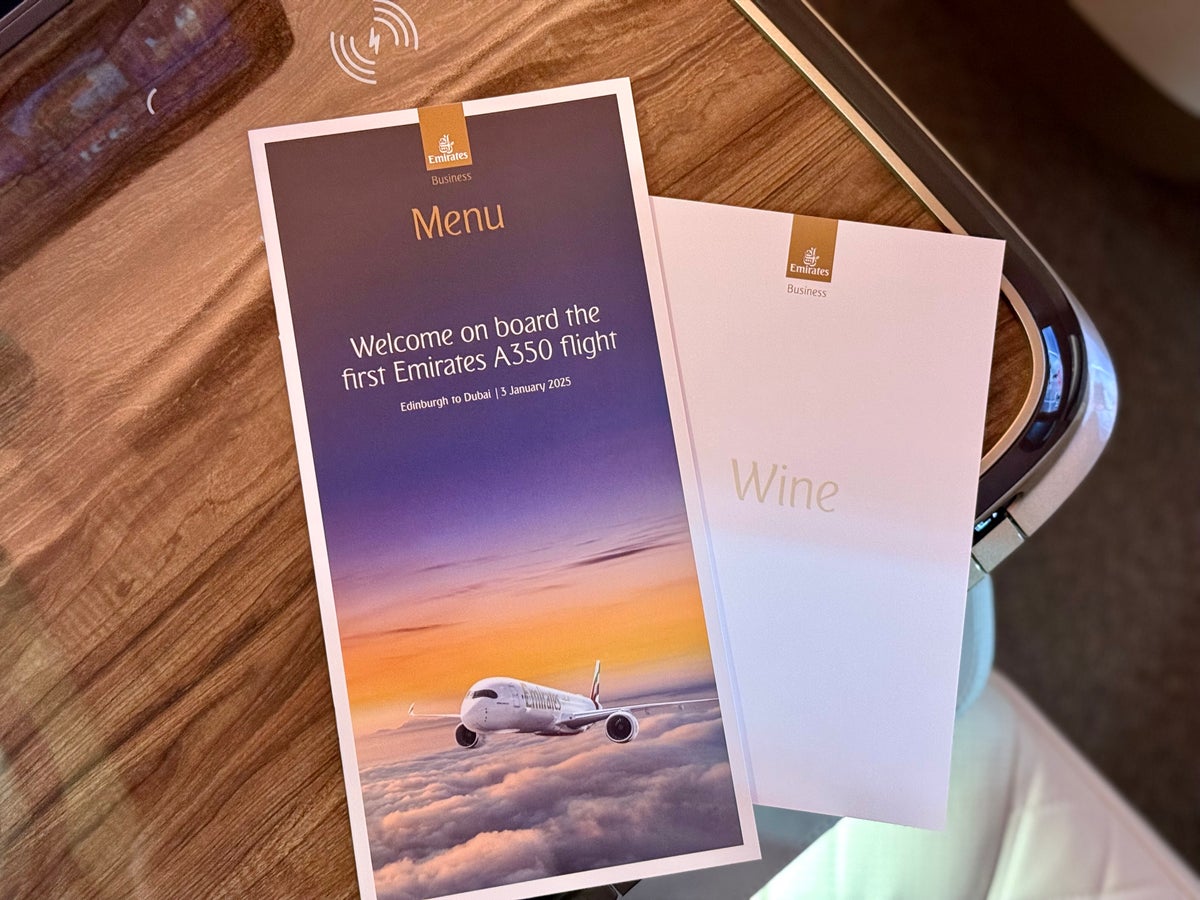 Emirates Airbus A350 business class special inaugural menus