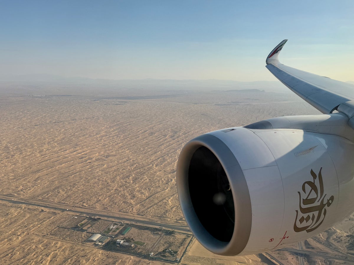 Emirates Airbus A350 flying over desert