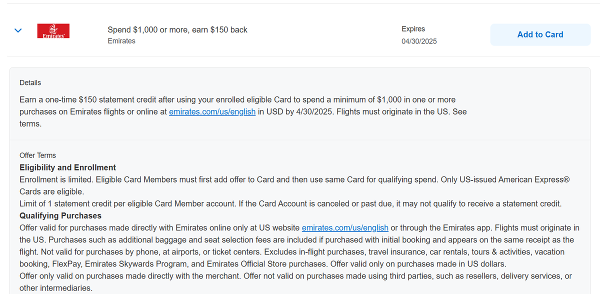 Emirates Amex Offer 013025