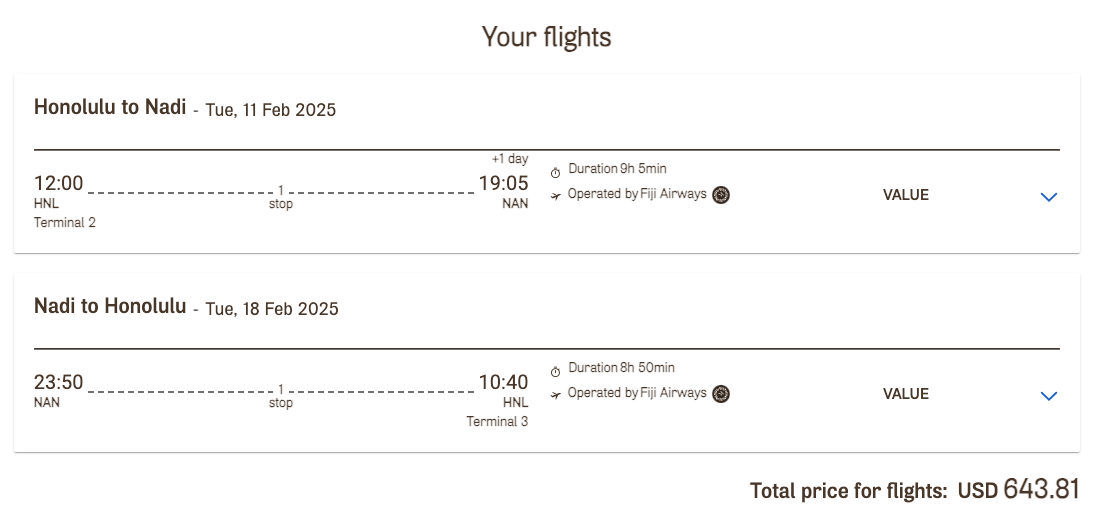 Fiji Airways sale fare HNL NAN