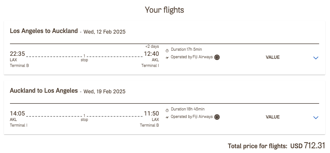 Fiji Airways sale fare LAX AKL