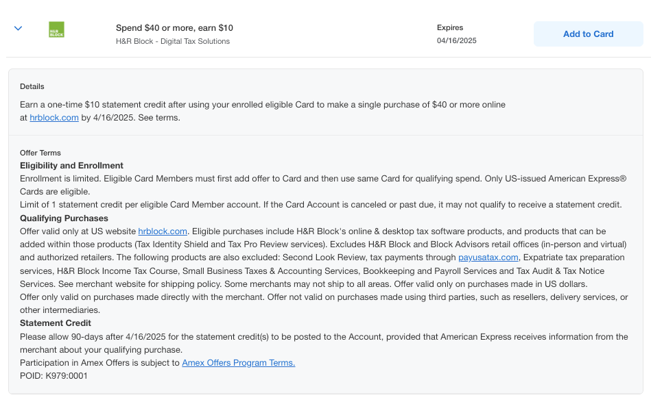 HR block Amex Offer