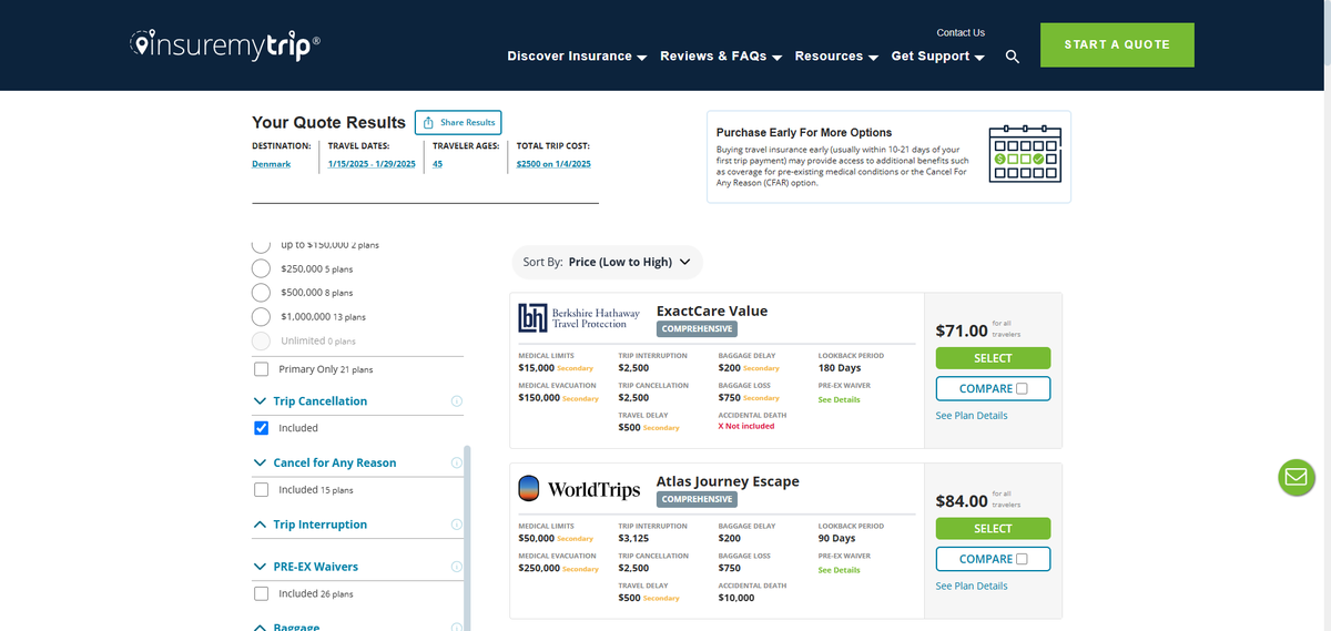 InsureMyTrip travel insurance quotes with trip cancellation