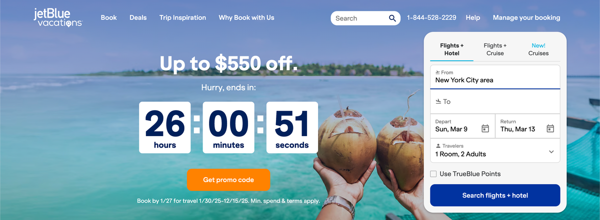 JetBlue Vacations 550 off January 2025