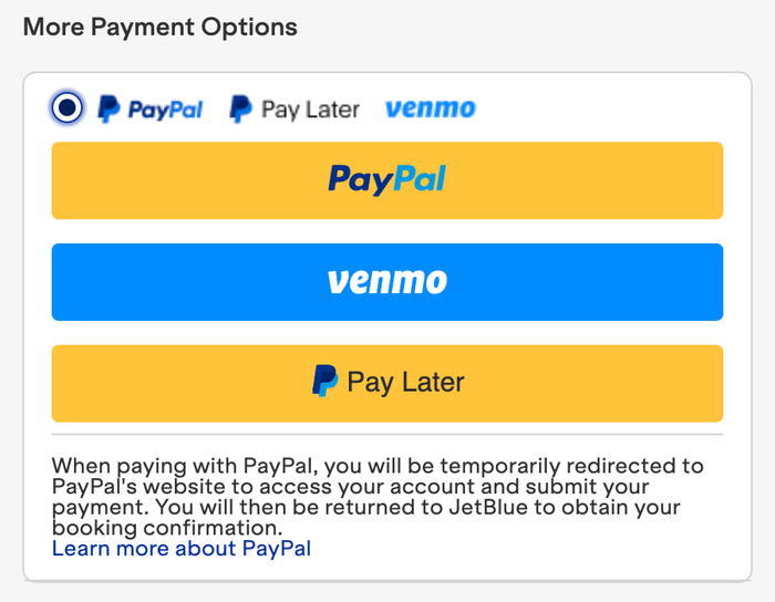 JetBlue Venmo payment button