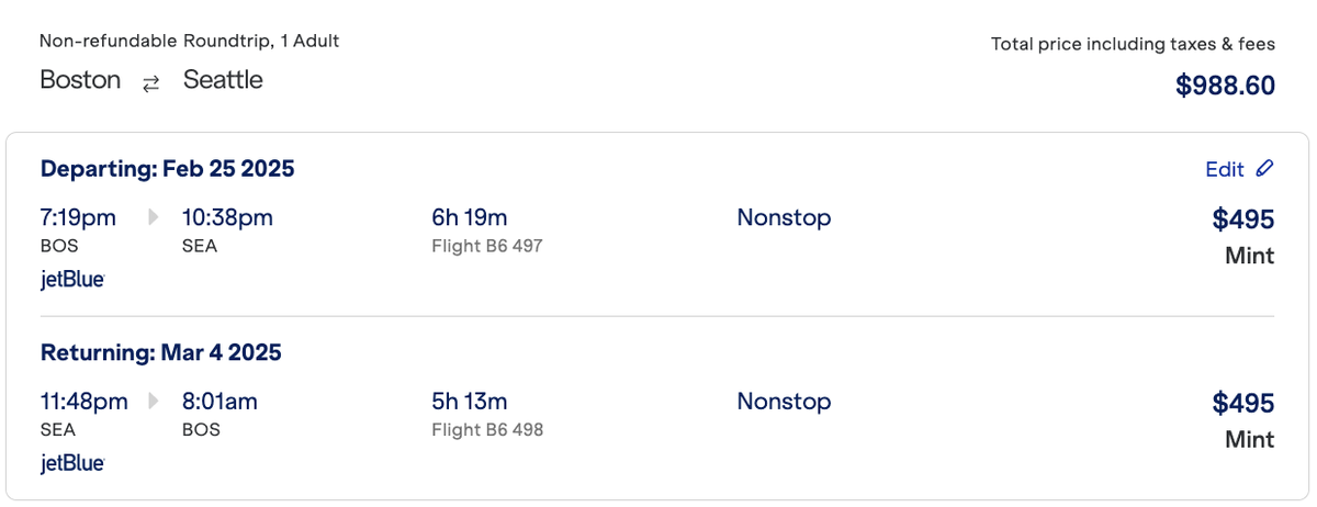 Jetblue BOS SEA Mint round trip price