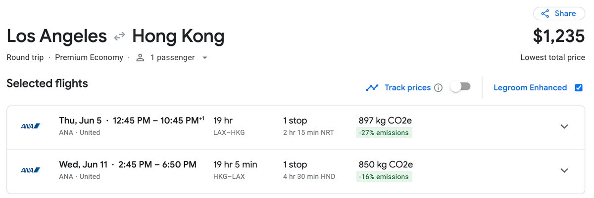 LAX to HKG price in premium economy with ANA