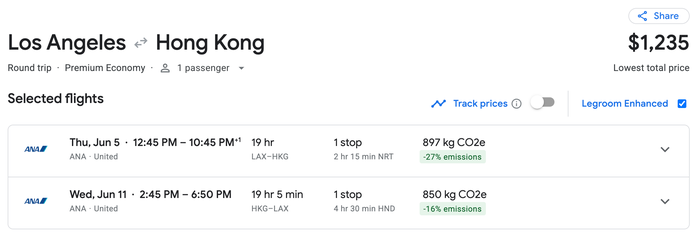 LAX HKG ANA LAX to HKG price in premium economy with ANA